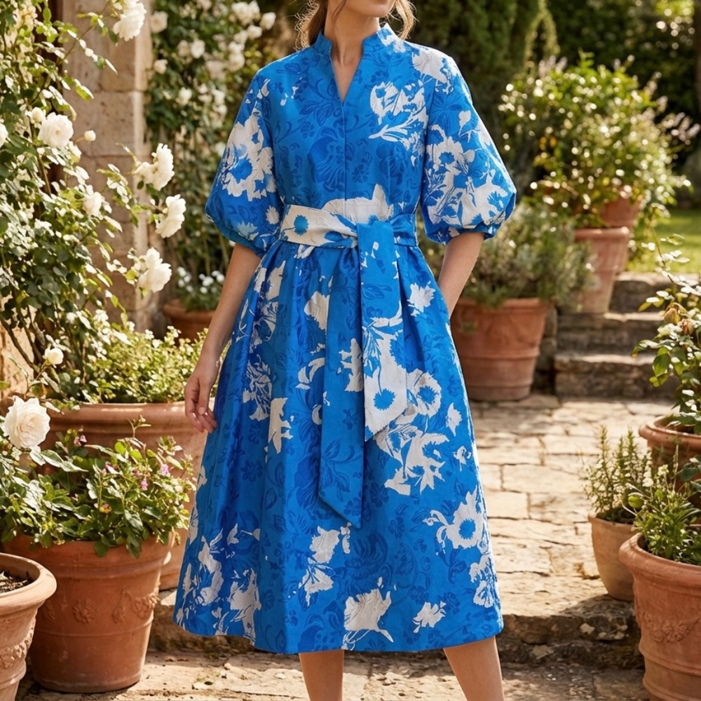 A355 Nancy Cottagecore Luxe Blue Floral Belted Midi Dress Puff Sleeve NWT L - Picture 3 of 7